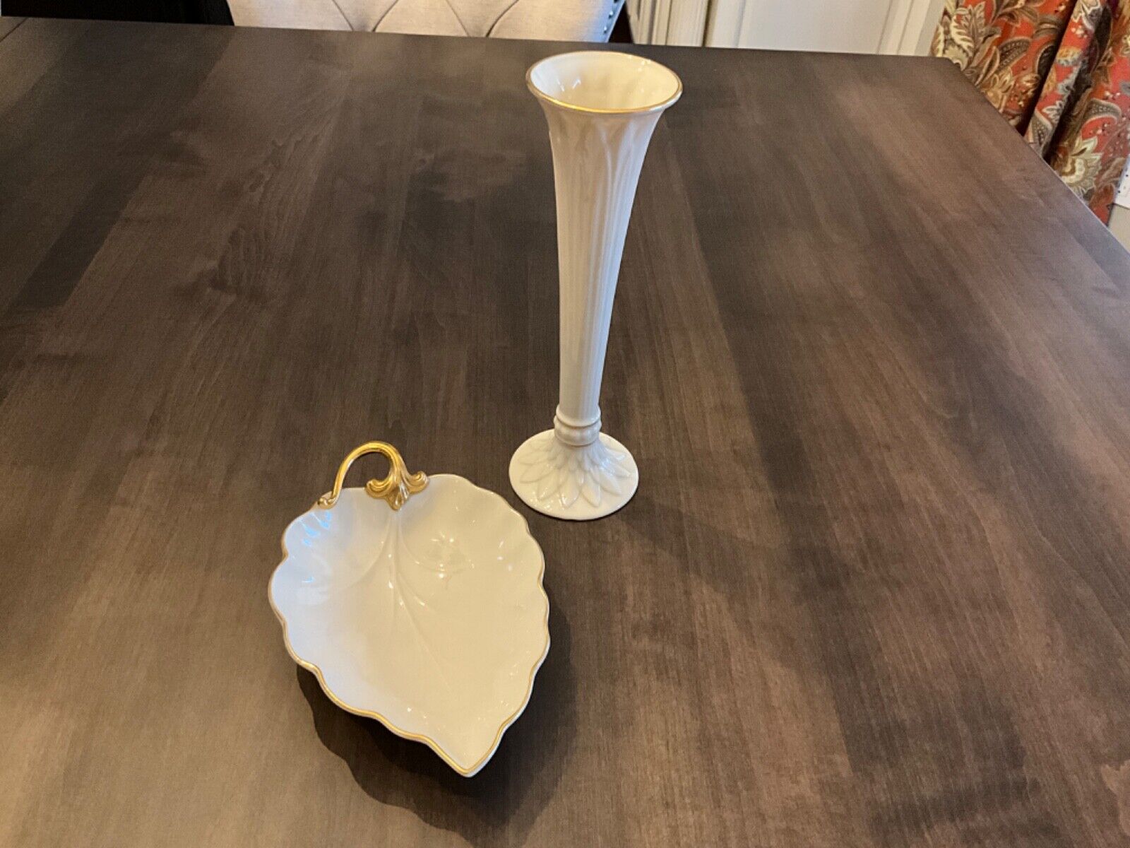 Lot of 2: Lenox Fluted 9” vase and 7 1/2” Leaf dish 24K Gold Leaf 