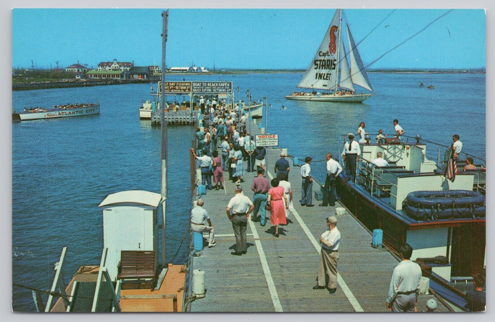 Inlet Pier Atlantic City New Jersey NJ Vintage Postcard Fishing Boats Sail Boats