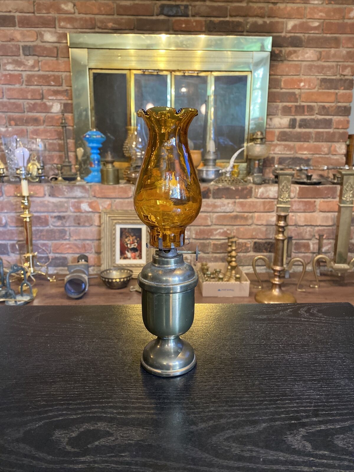 Small Vintage Peer Imports Denmark Brass Oil Lamp Blown Glass Chimney