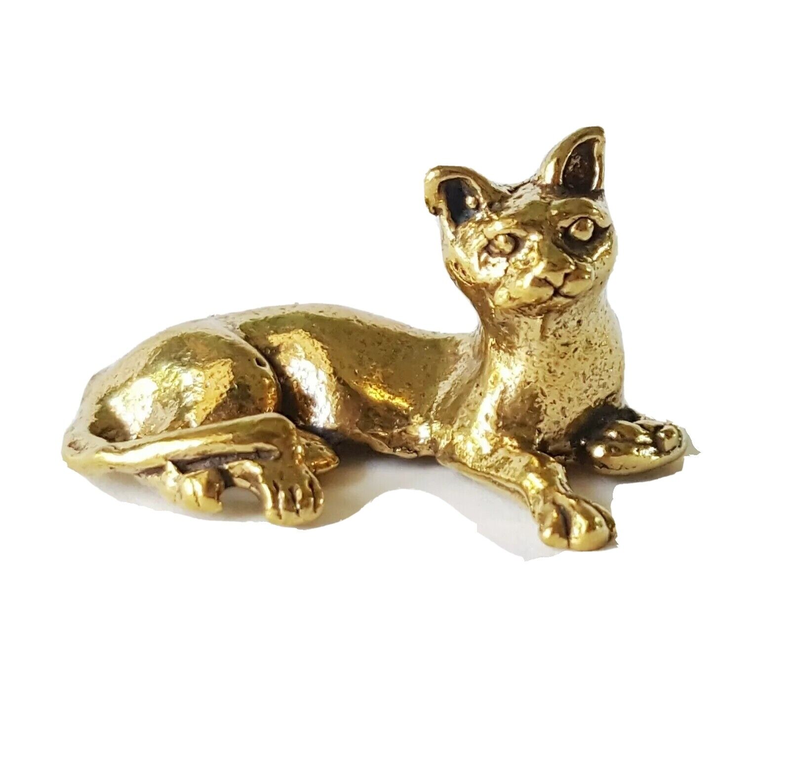 Gold Cat Siamese Statue Sitting Neck Up Ornament Desk Home Brass Kitten Mini 1\
