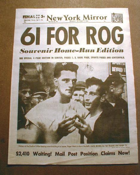 1961 newspaper reprint ROGER MARIS hits 61st Home Run - new single season record