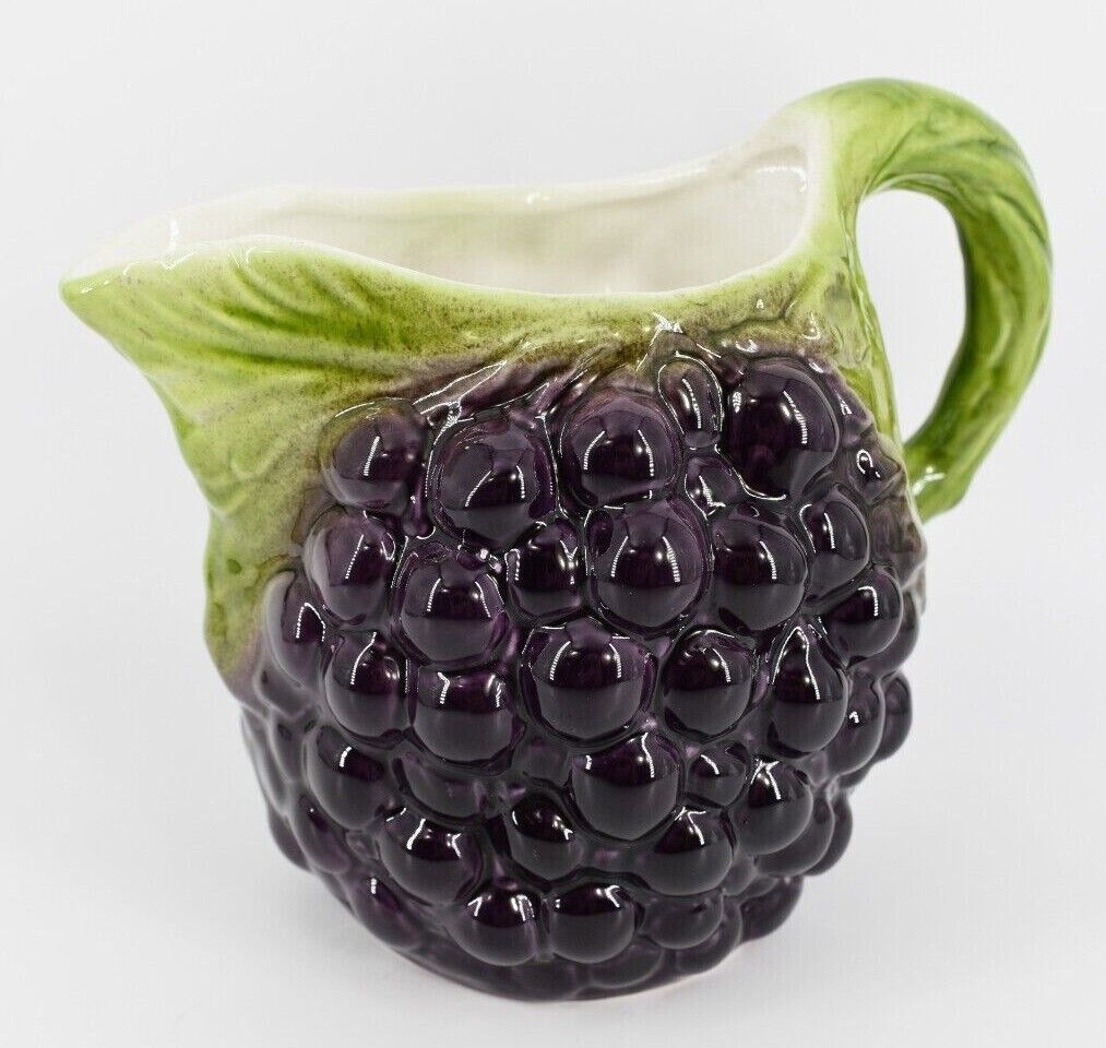 VTG Ceramic Majolica Purple Grape Raised Design Pitcher Leaf Handle Italy