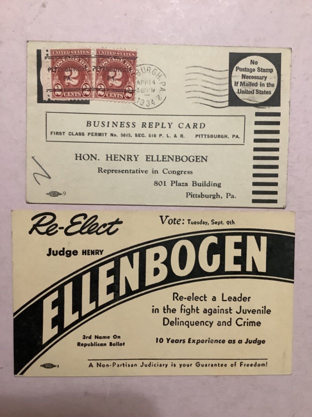 Re-elect  Hon. Henry Ellenbogen  - 1934 & 1940’s CAMPAIGN AD CARDS