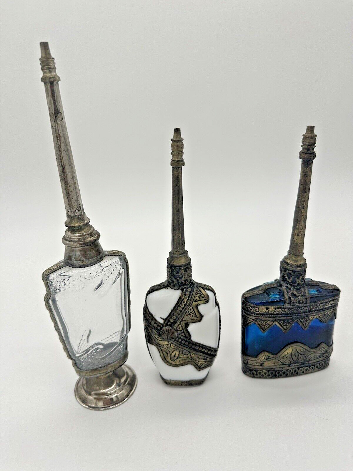 Vintage Moroccan Perfume Glass Bottles Sprinkler SET OF 3 Metal Filagree Cobalt