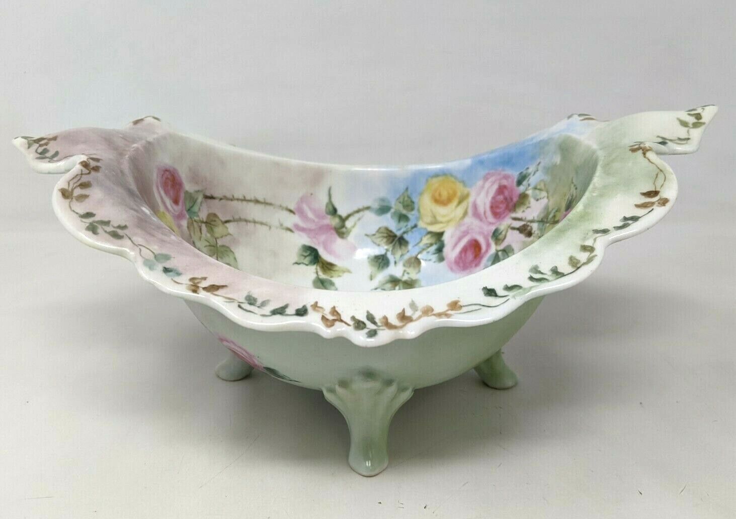 Antique TK Count Thun Cabbage Rose Floral Porcelain Scalloped Footed Bowl KP21