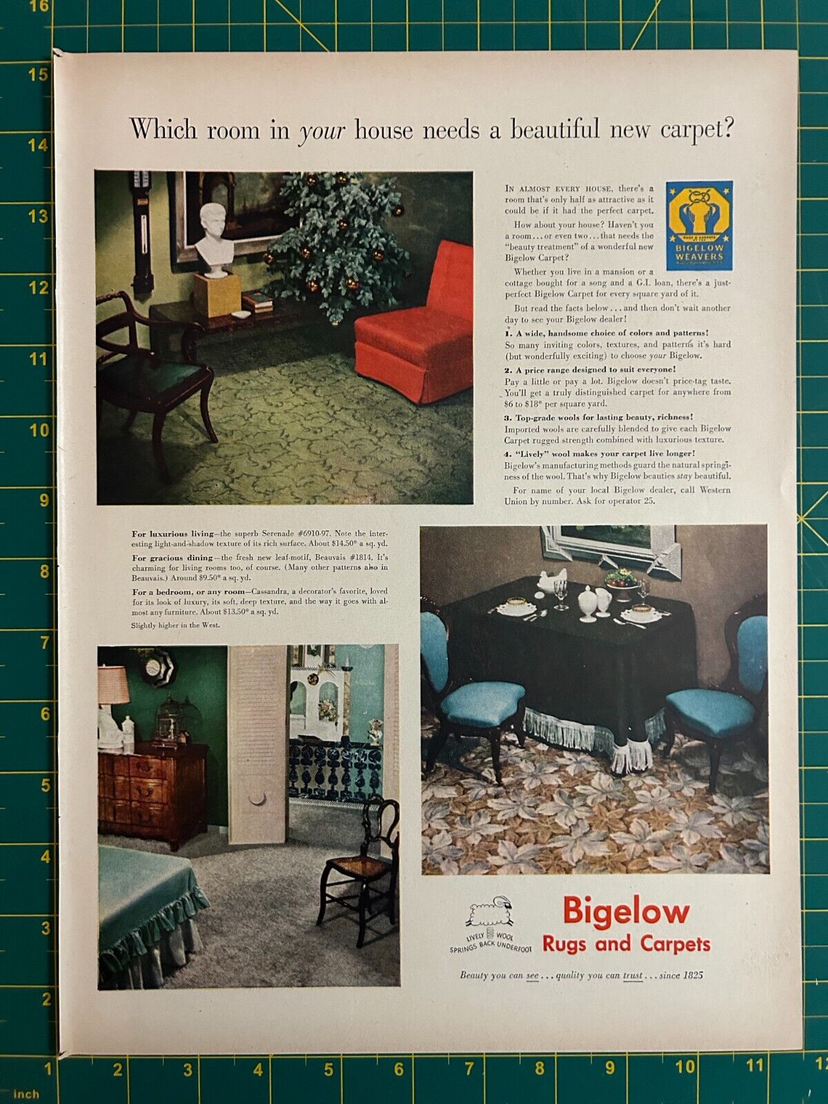 1948 Vintage Bigelow Rugs And Carpets Wool Since 1825 1940's Rooms Print Ad O1