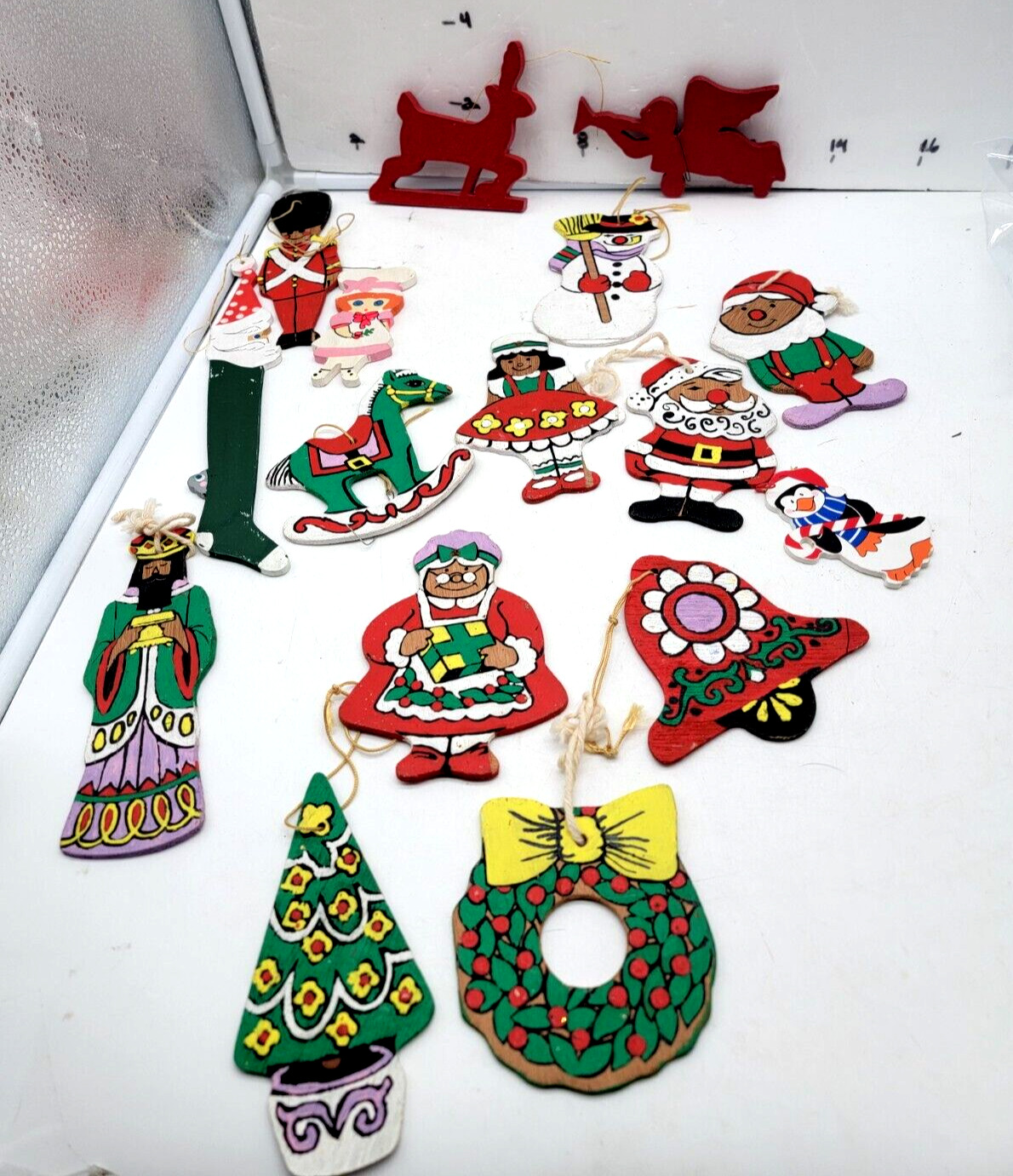 17 VTG Hand Painted  Wood Christmas Ornaments Double Sided