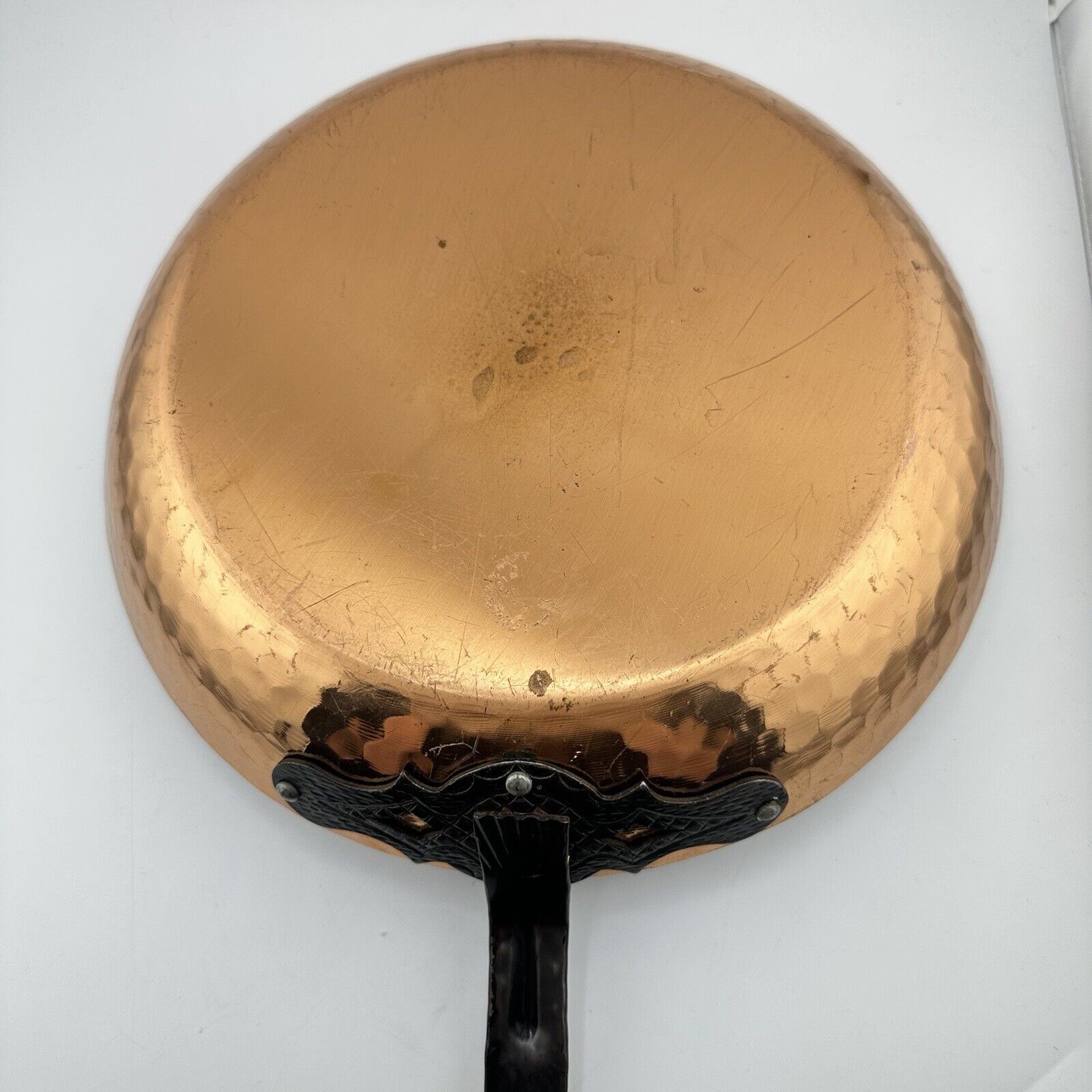 10” Vintage Hammered Copper Clad Sautée Pan Wood Iron Handle
