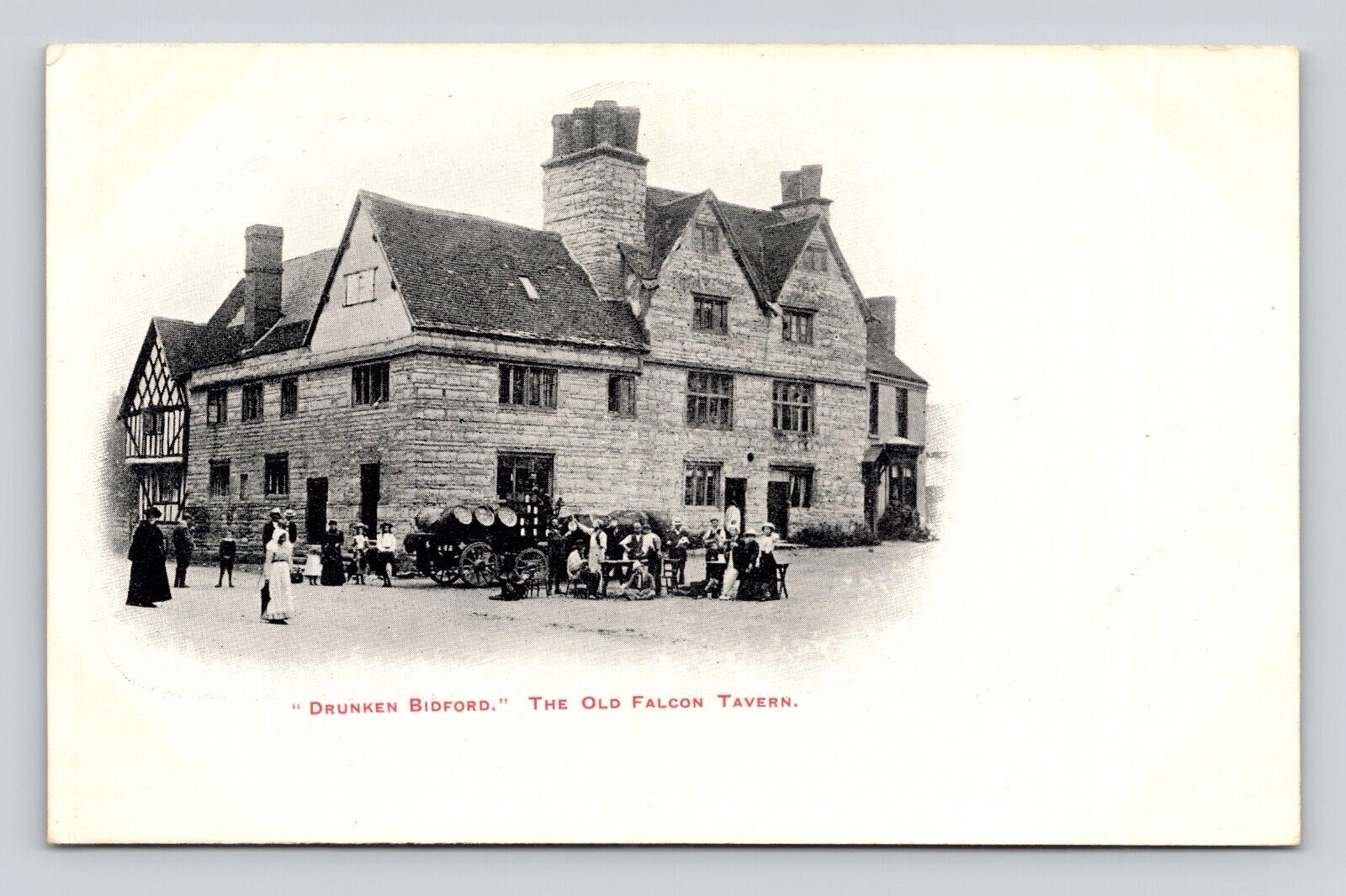 Antique Postcard Drunken Bidford FALCON TAVERN Beer Barrels Horses Women Big Hat