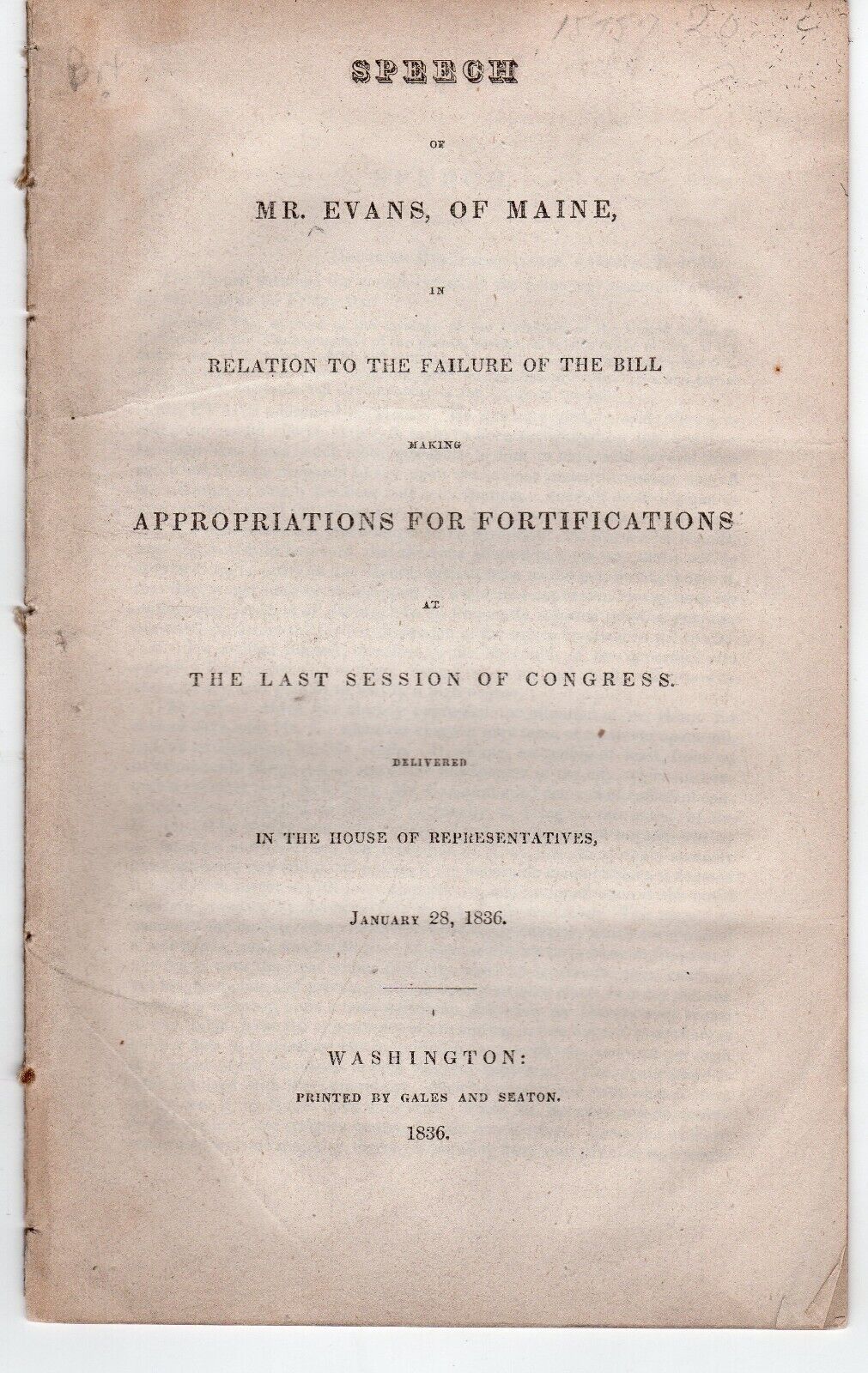 1836 Pamphlet Congressman George Evans of Maine on Defense Appropriations