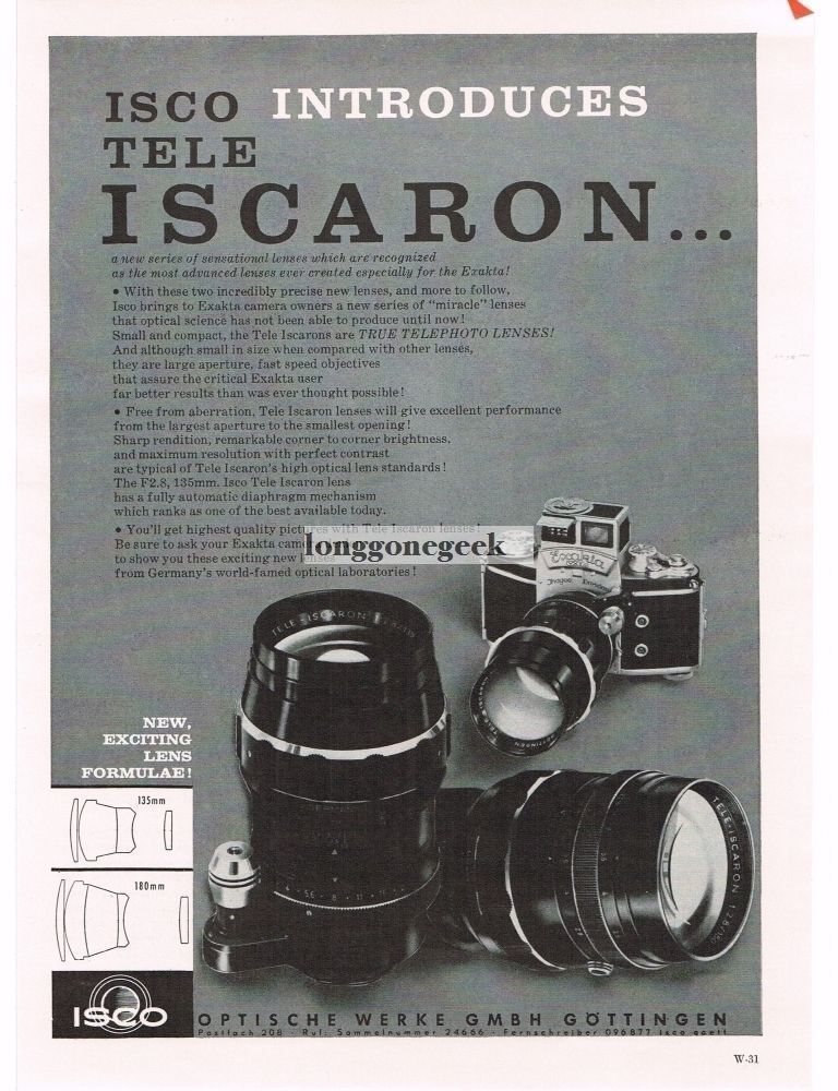 1958 Isco Iscaron 135mm 180mm Telephoto 35mm Camera Lens Exakta Vintage Print Ad