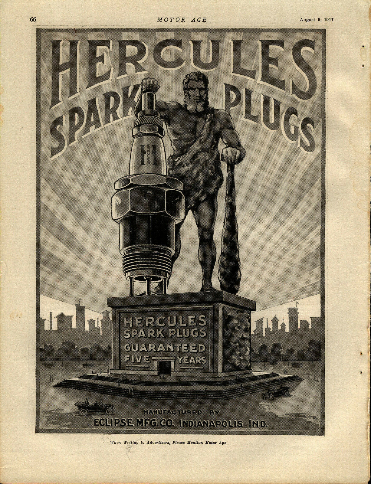 1917 Eclipse Mfg. Co.Ad: Hercules Spark Plugs - Indianapolis Indiana - Great Art