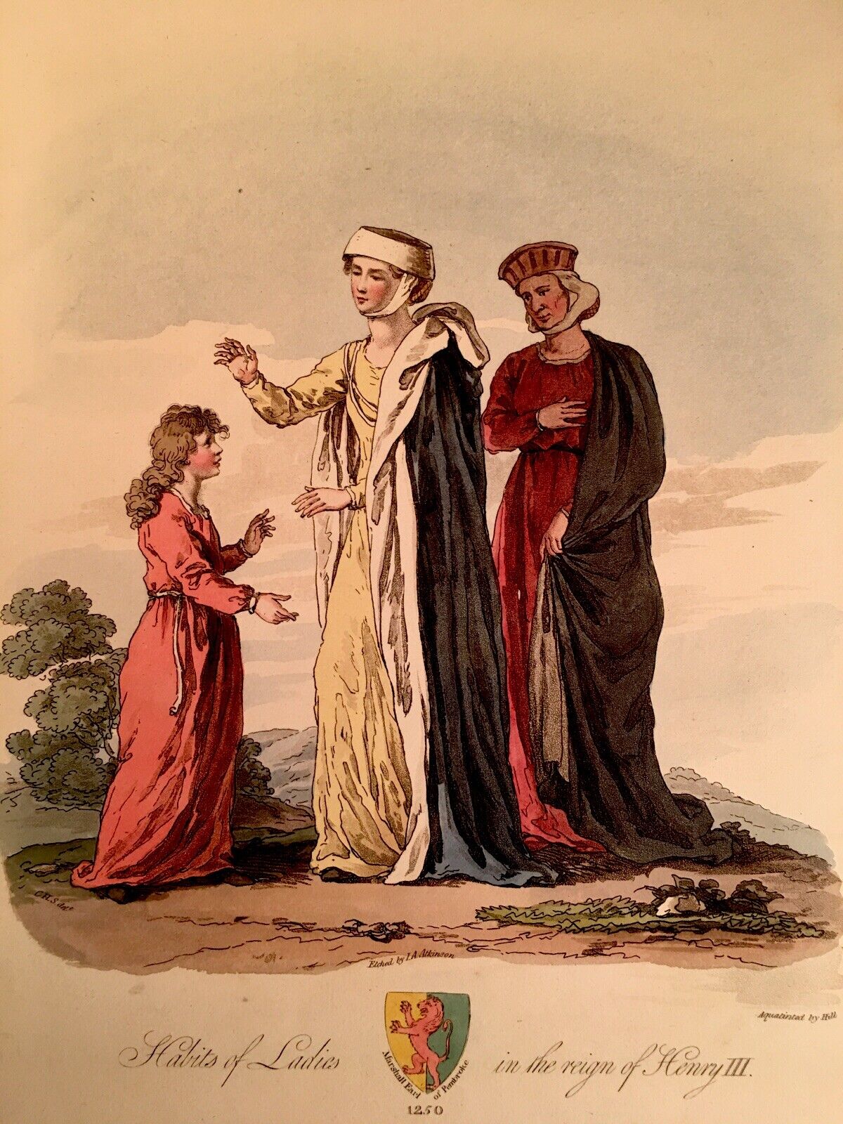 Habits of Ladies of King Henry the III c1813 ~ Hand Colored Antique Etching WOW