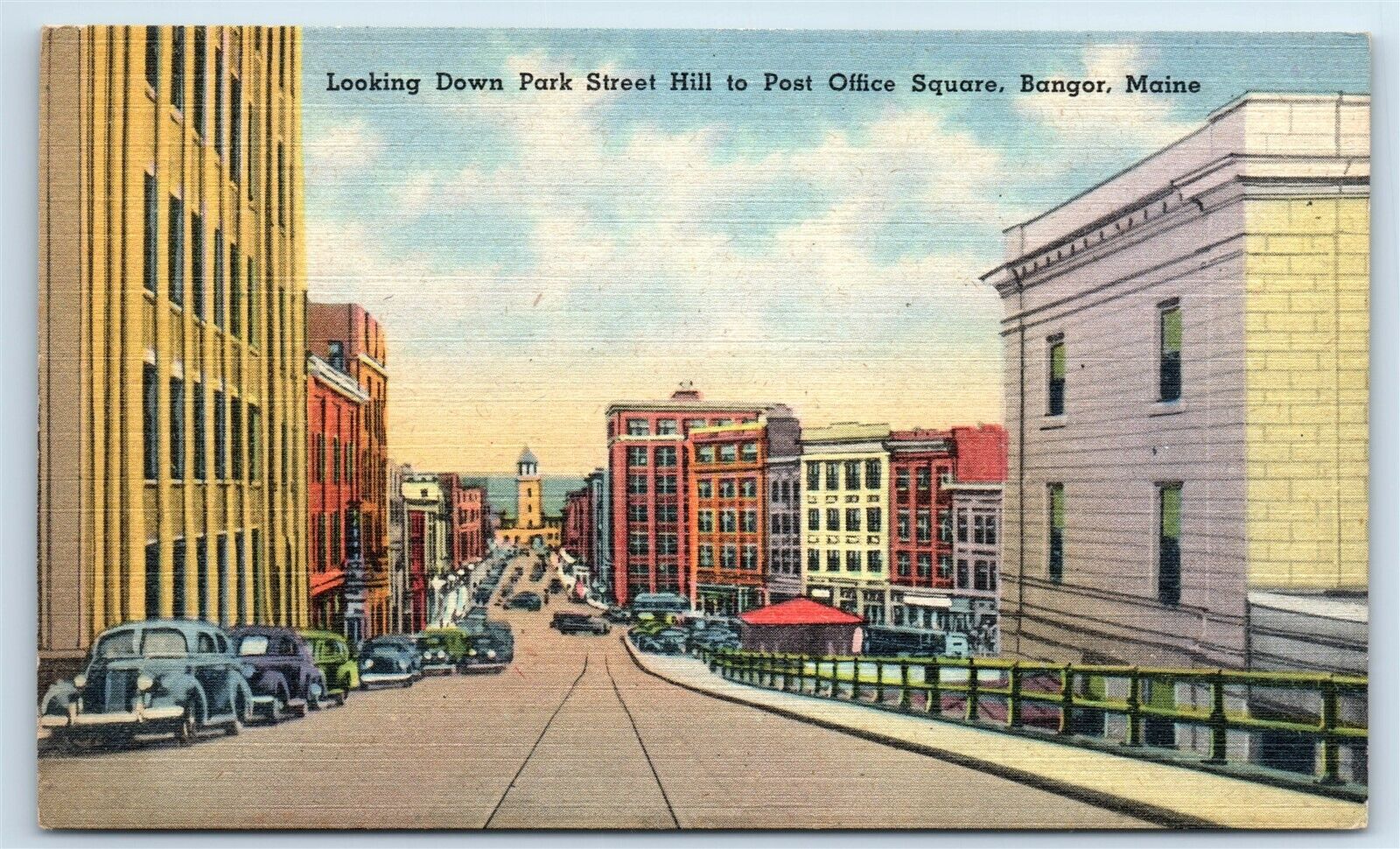 Postcard Looking Down Park Street Hill to Post Office Square, Bangor ME J119