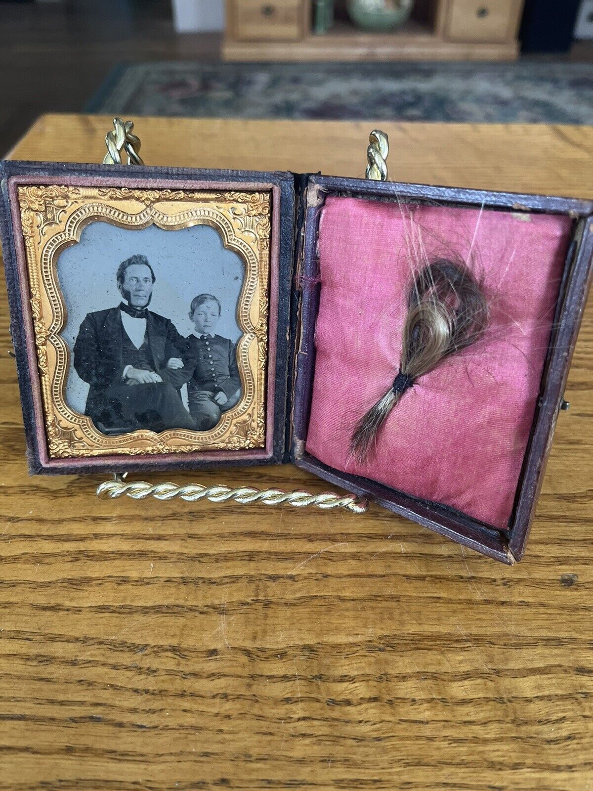 Daguerreotype Father And Son Remembrance Photo With Hair Of Each.