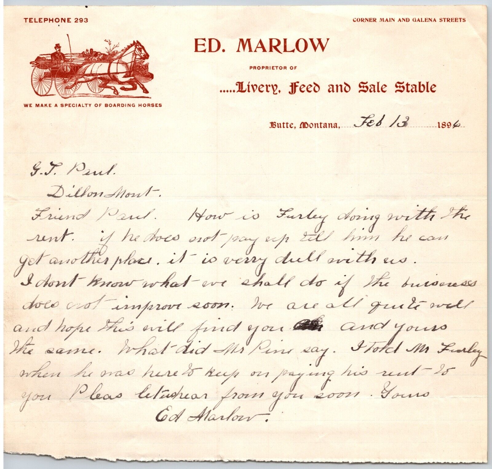 Ed. Marlow Butte, MT Livery Feed Sale Stable 1896 Billhead w/ Horse Vignette