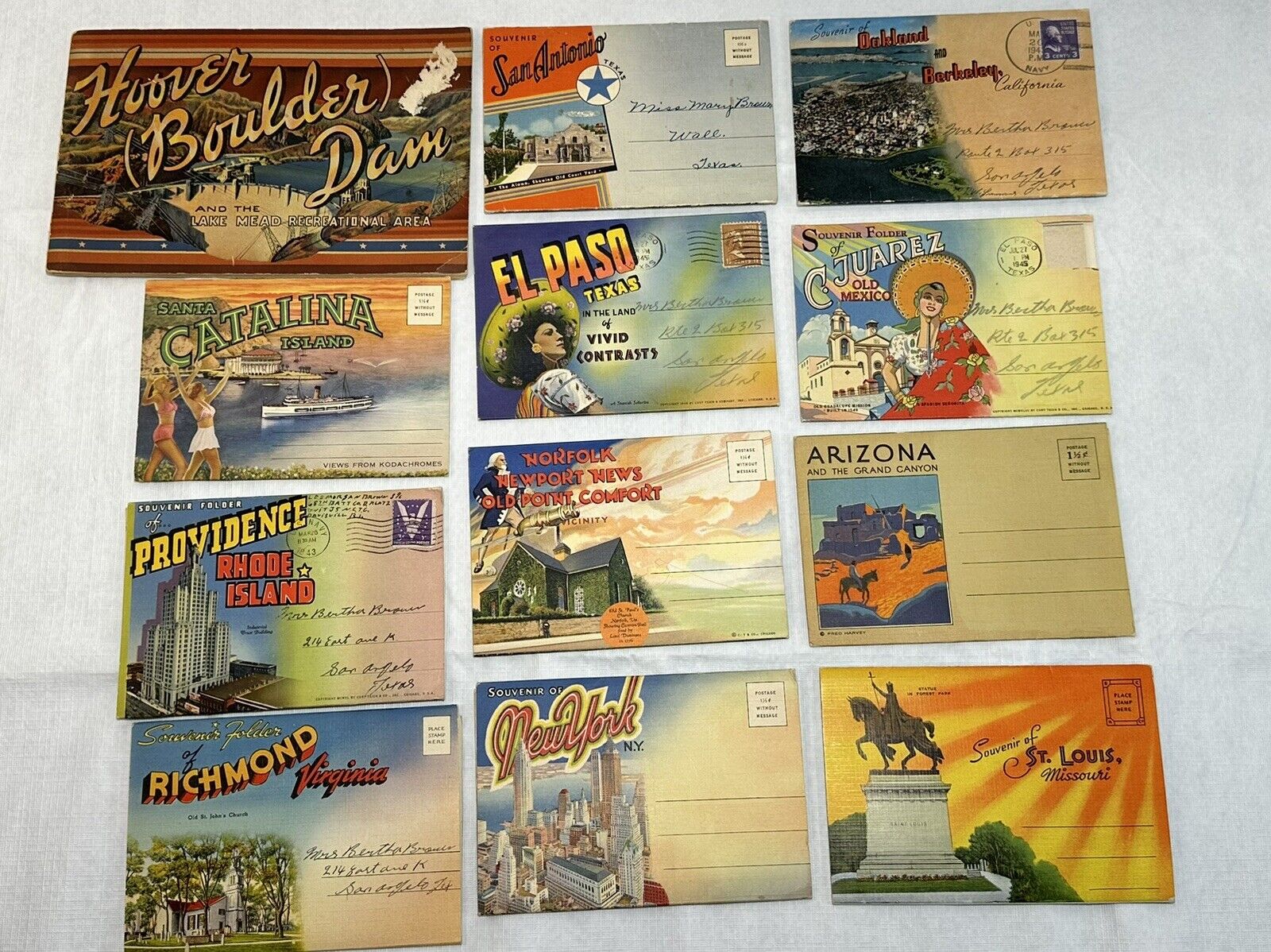 Vintage Postcards Souvenir Linen Accordion Fold-out Various Cities- Lot of 12