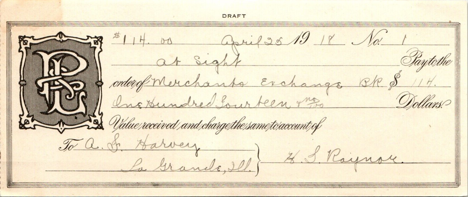 Merchants Exchange Promissory Note Handwriting Name: Raynor 1918