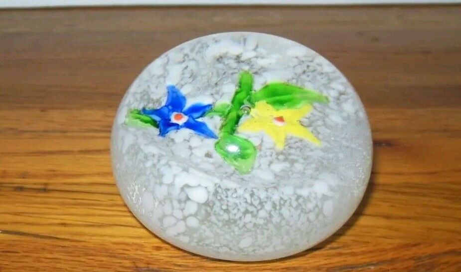 Vintage Art Glass Flowers in Snow Paperweight Blue & Yellow Floral Boho