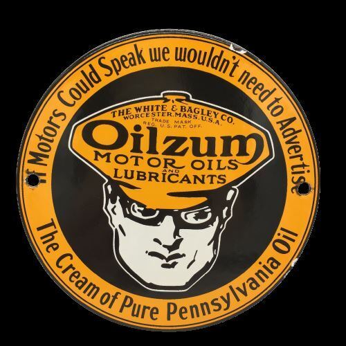 Vintage Oilzum Mechanic Black and Orange Metal Enamel Gas Station Sign Deco 6 in