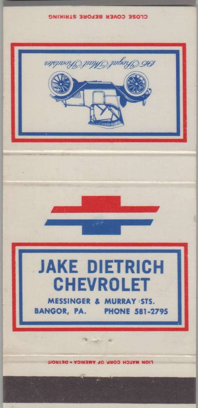 Matchbook Cover - Chevrolet Dealer - Jake Dietrich Chevrolet Bangor, PA