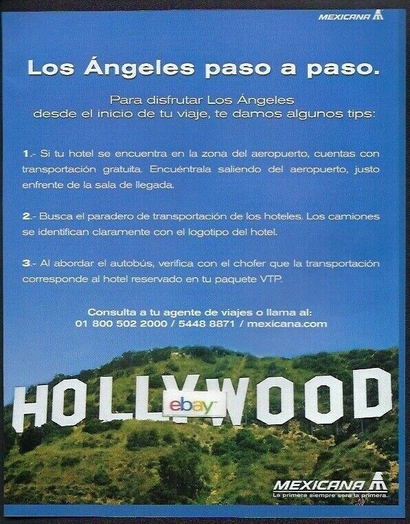 MEXICANA AIRLINES TO LOS ANGELES & HOLLYWOOD SIGN PASO A PASO 1990\'S AD