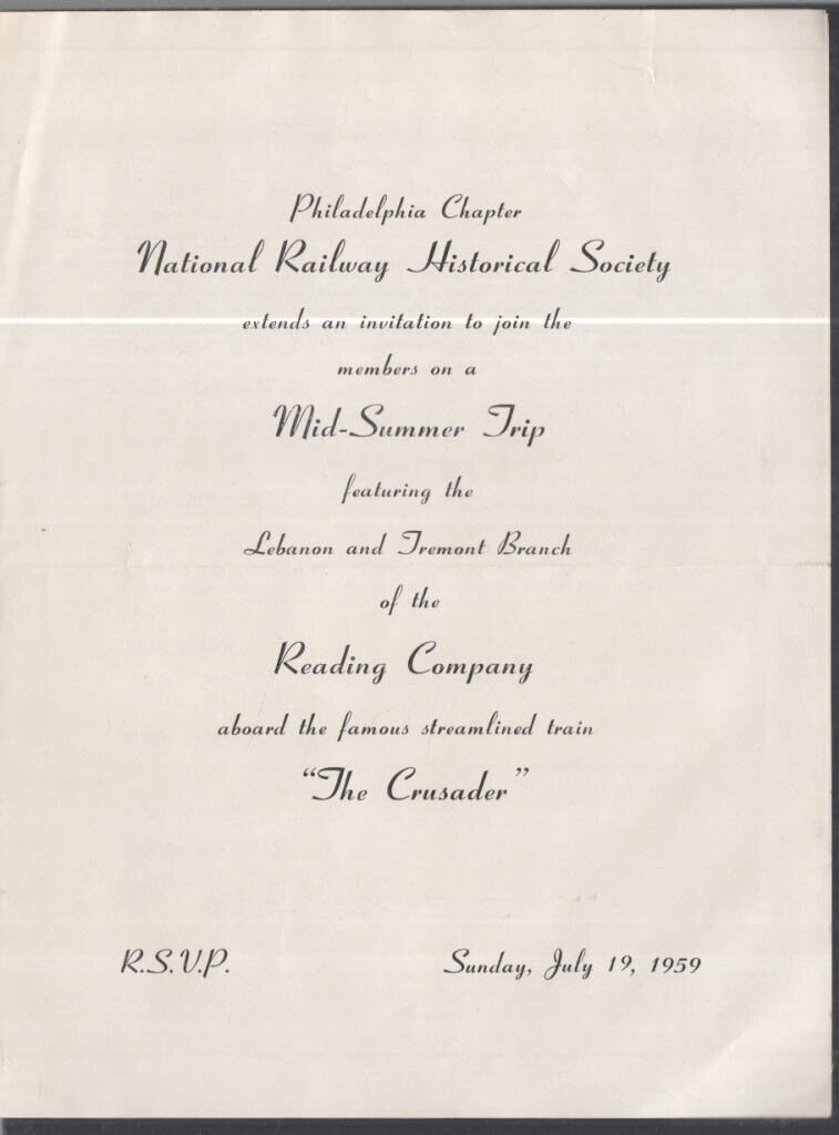 Reading RR The Crusader Mid-Summer NRHS Trip Invitation 1959