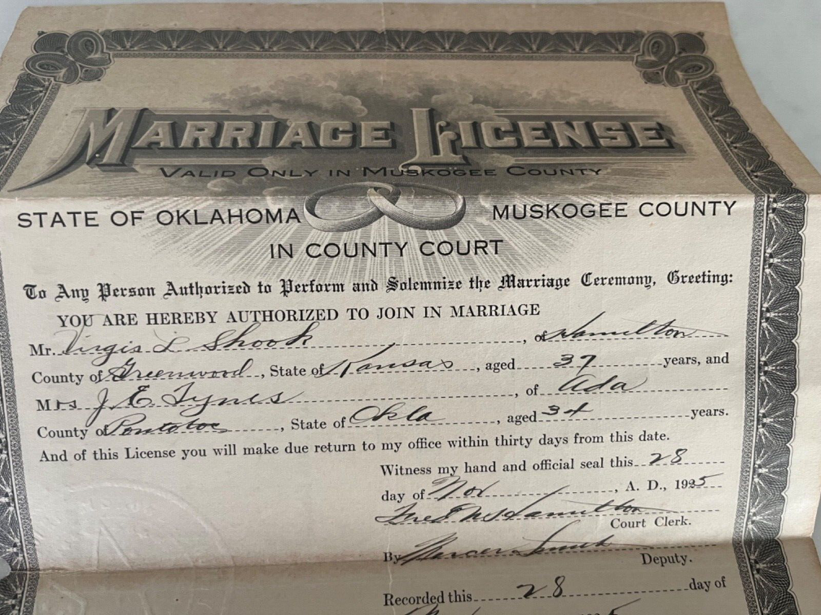 Antique Muskogee,Okla Marriage License-1925