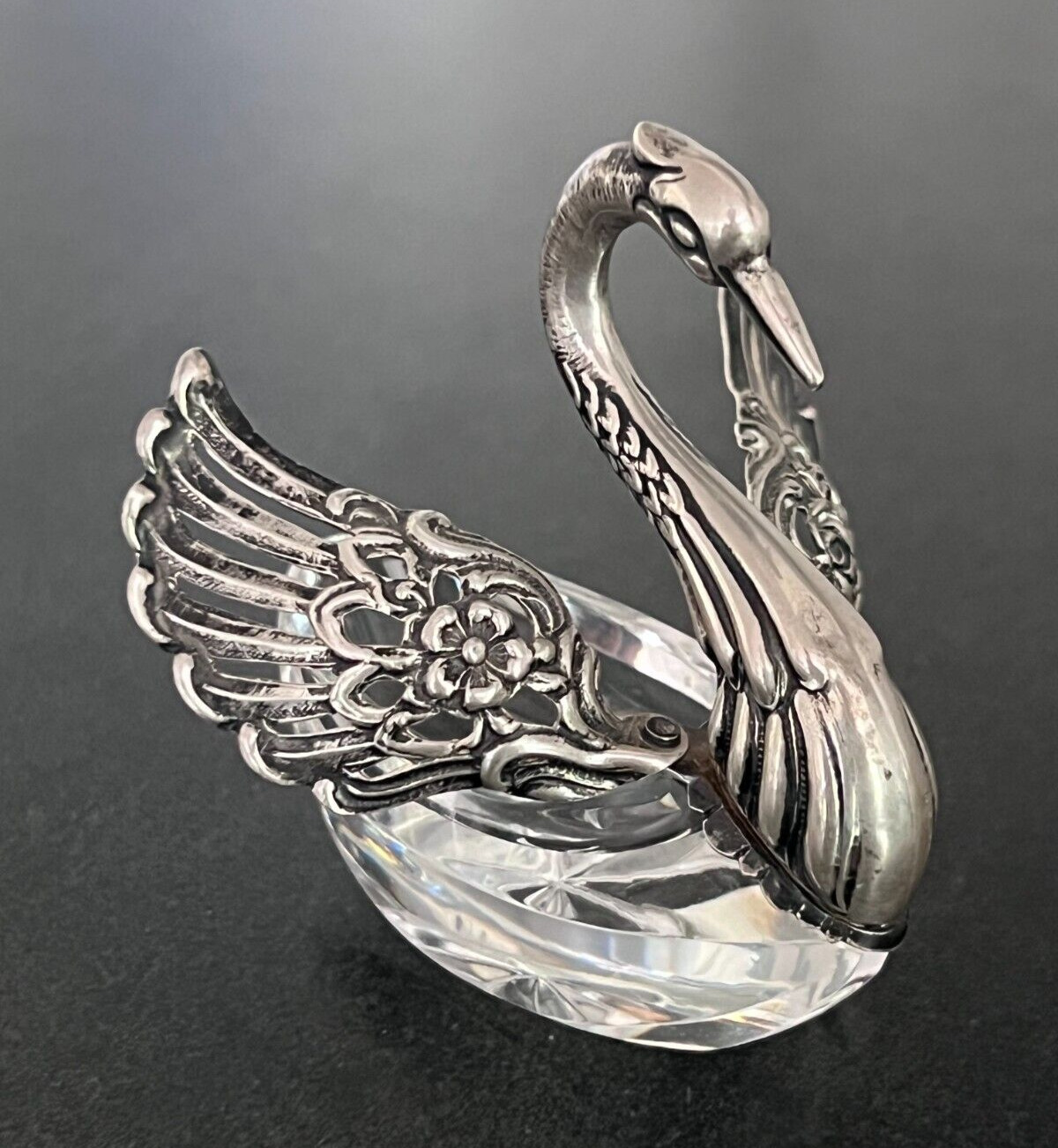 Vintage Silver 835 Crystal Swan Salt Cellar with Articulated Wings