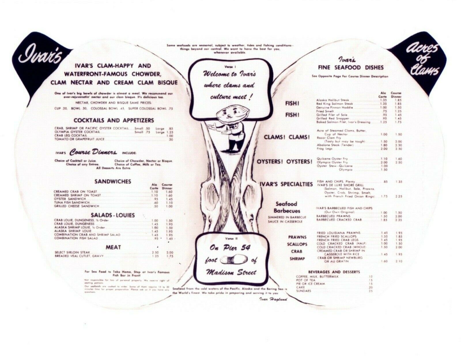 1940's 1950'S  IVAR'S SEAFOOD SEATTLE MENU 8.5X11 GLOSSY REPRINT  VINTAGE
