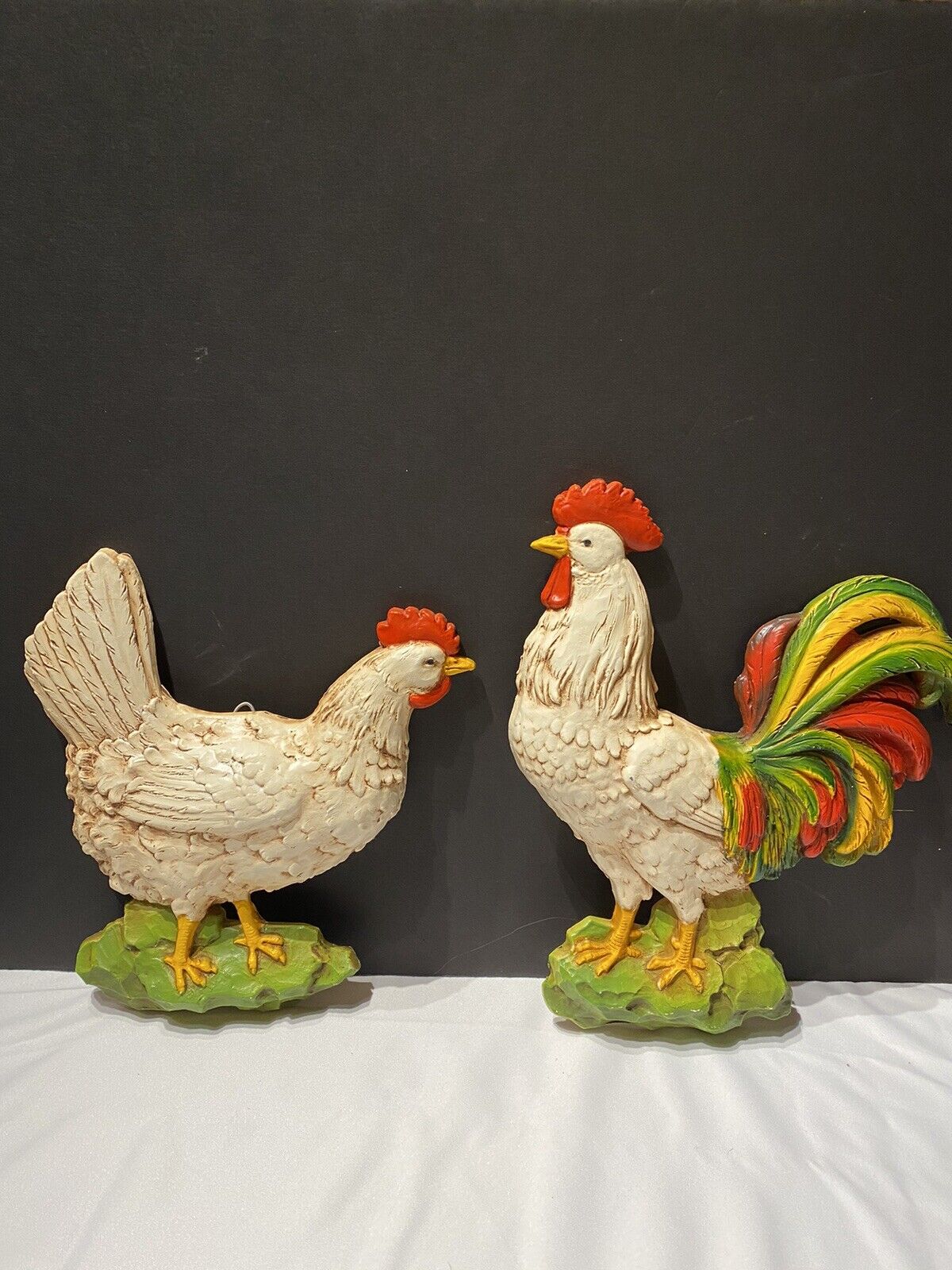 Vintage Homco Rooster and Hen Wall Plaques Cottage Core Retro Farmhouse Large