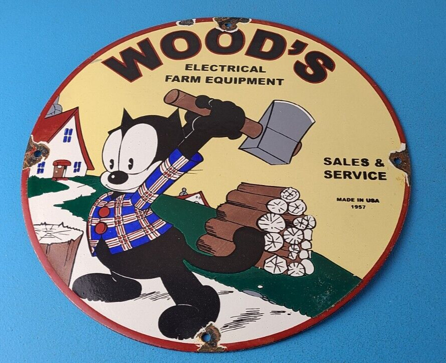 Vintage Woody\'s Farm Equipment Sign - Felix the Cat Gas Auto Pump Porcelain Sign