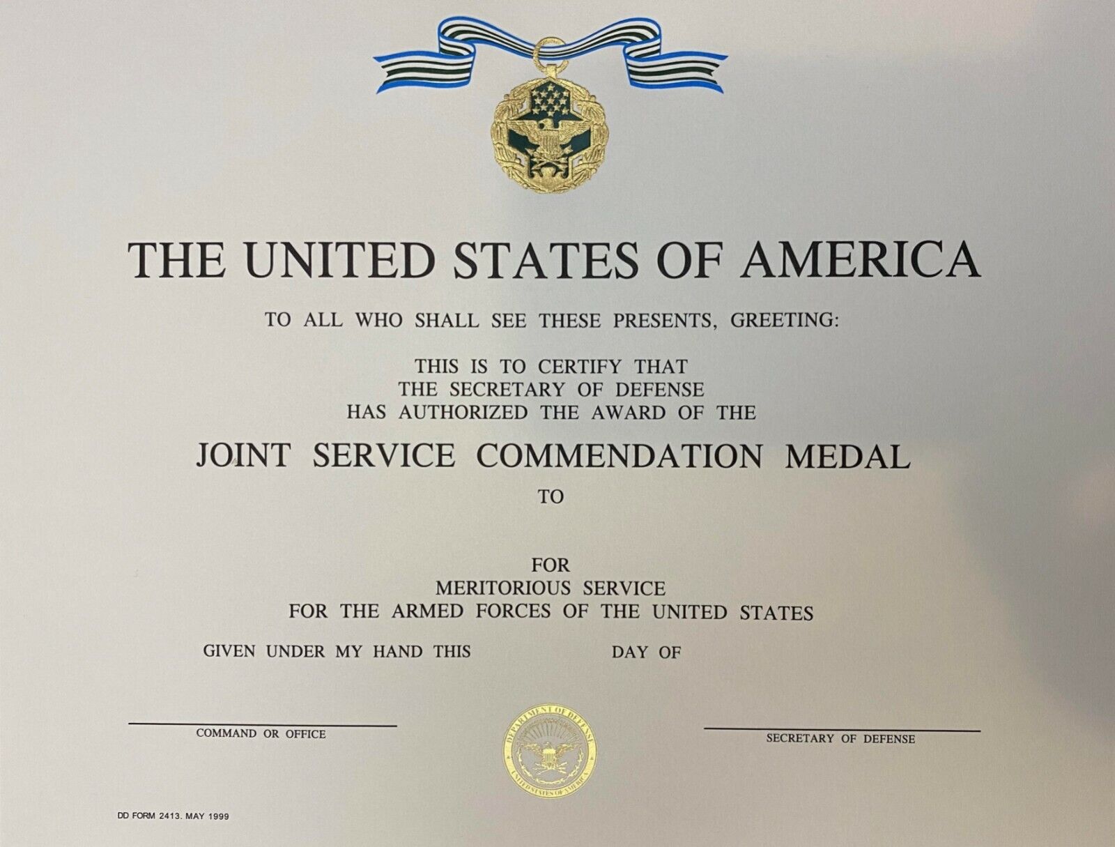 Joint Service Commendation Medal (JSCM) Citations (Certificate) - BLANK