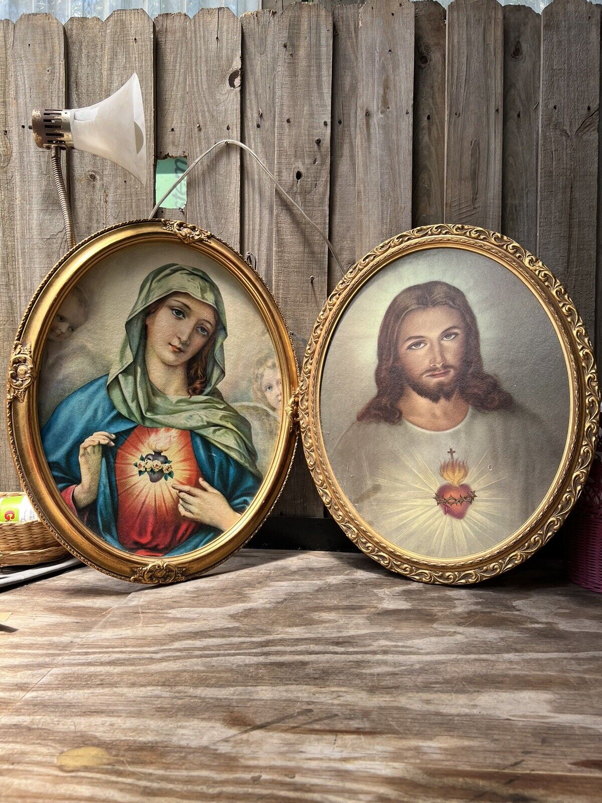 VTG OVAL GOLD LOT FRAMED JESUS SACRED MARY MADONNA RELIGIOUS ARTWORK