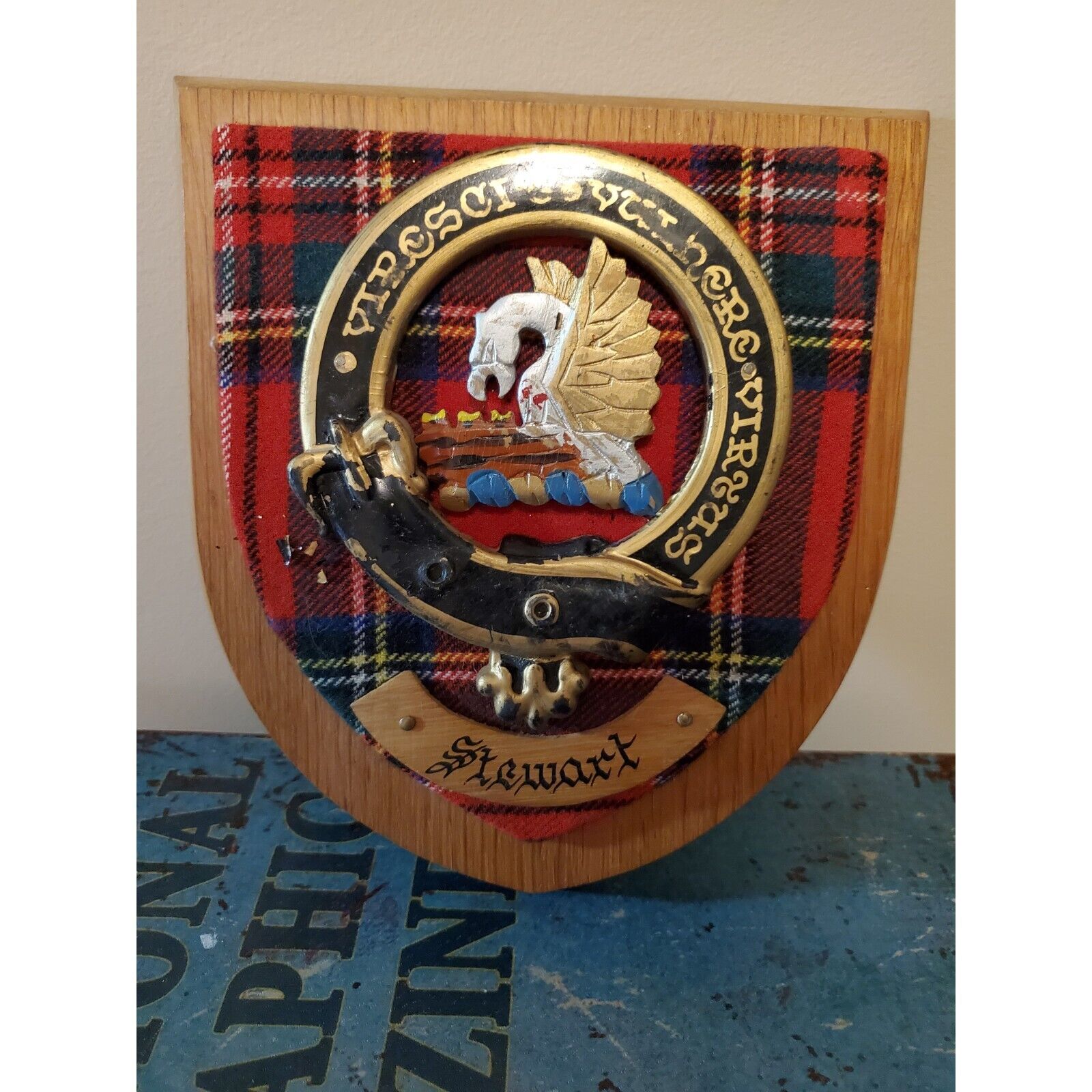Vintage Stewart Scottish Tartan Clan Crest Coat of Arms