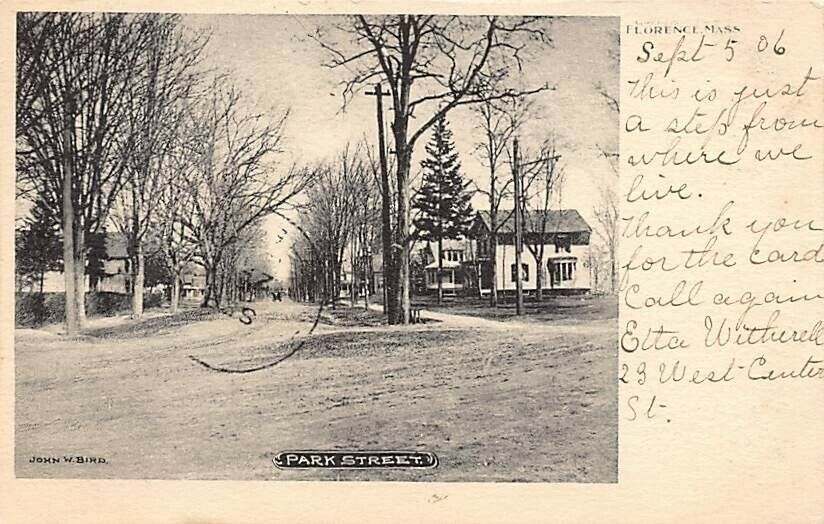 Postcard MA: Park Street, Florence, Massachusetts, Antique UDB Posted 1906