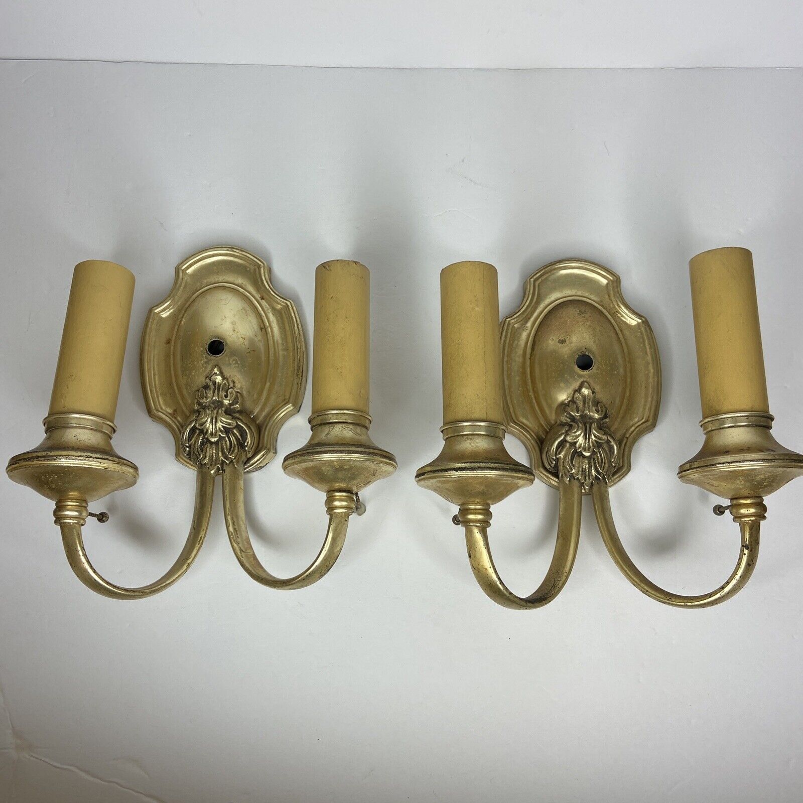 Vtg Pair Brass Wall Sconces Candle Holder Patina Tudor Salvage Cottage Victorian