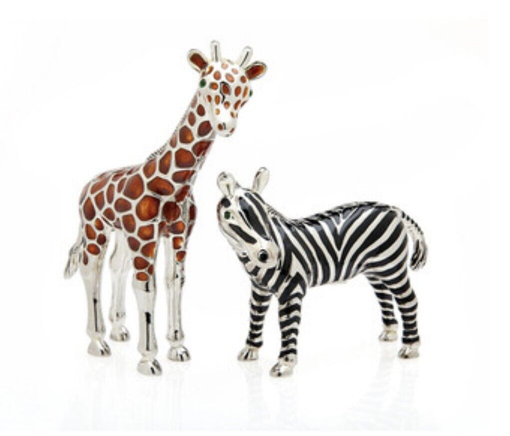 GODINGER Giraffe & Zebra Safari Silver Enamel Salt & Pepper Shakers Set NIB