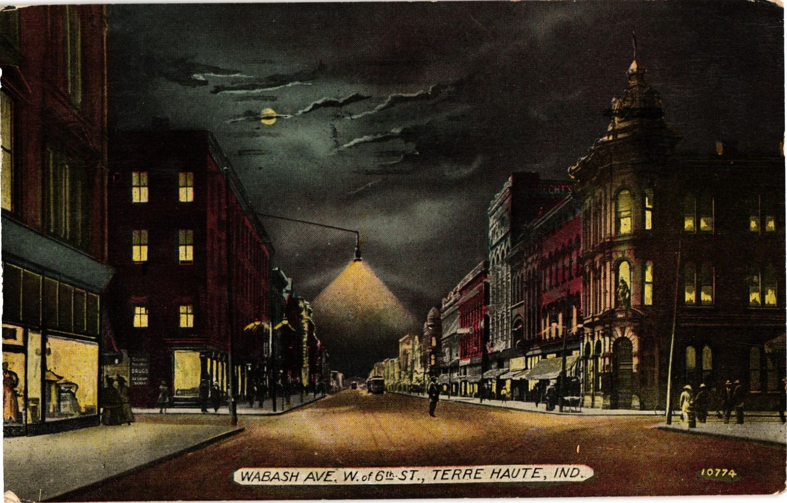 Night Scene Wabash Ave West of 6th Str Terre Haute IN Divided Postcard 1914