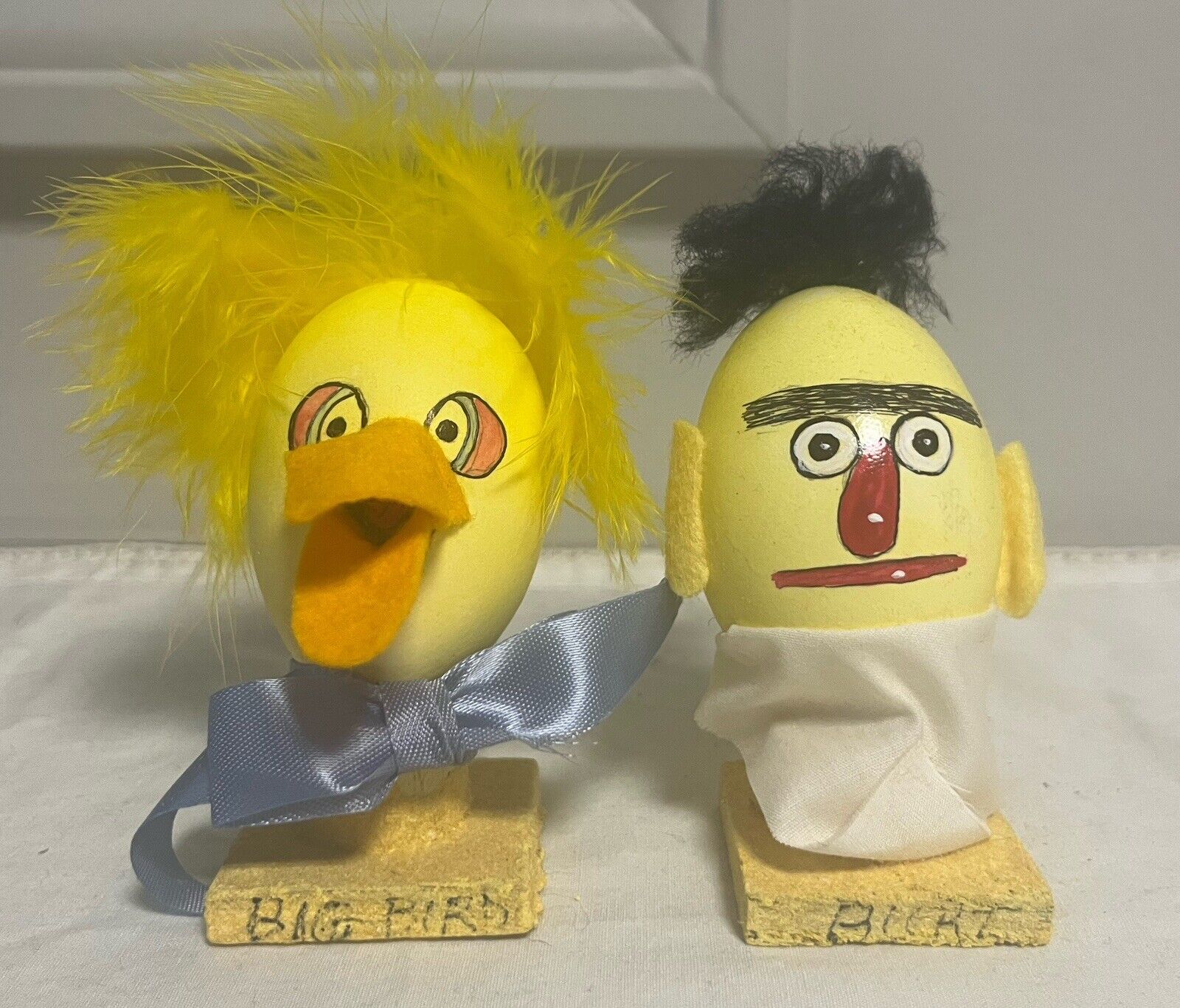 Vintage Burt & Big Bird Egg Handmade Painted Craft Figurines 1975 Unique