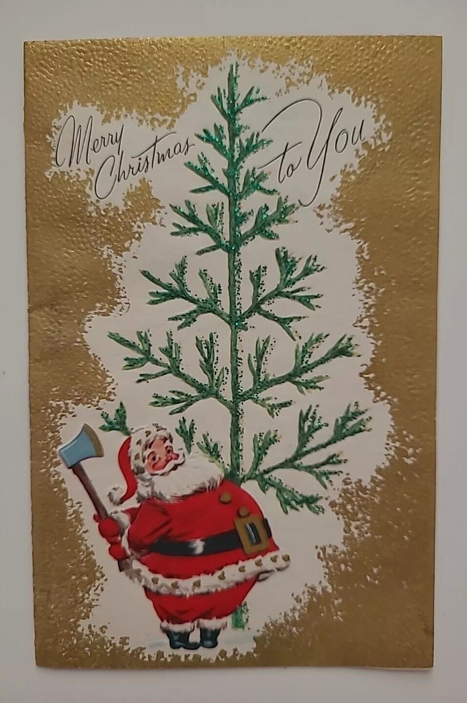 1958 Vtg SANTA w GLITTER TREE Merry CHRISTMAS To You Mid Century CARD