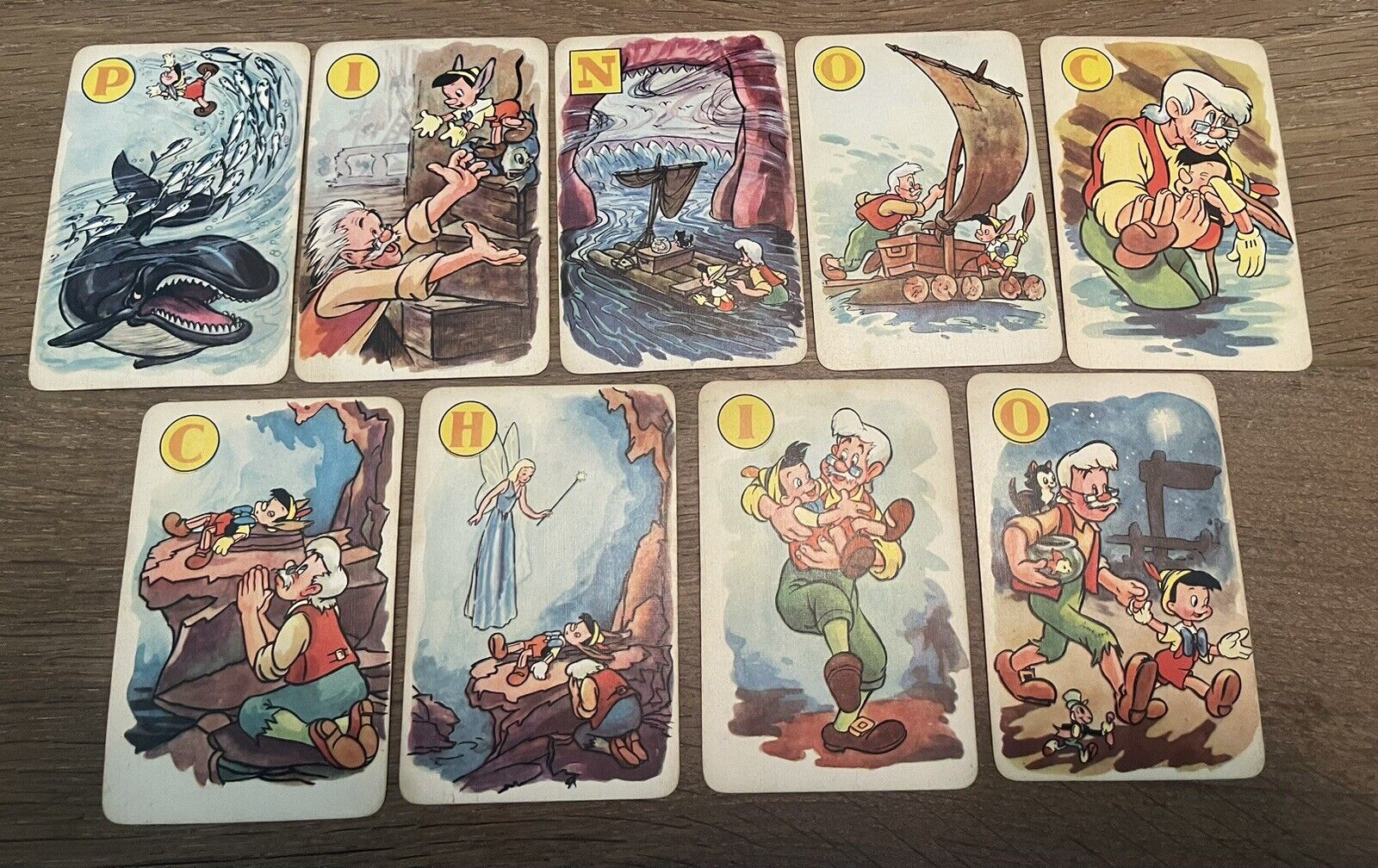 Walt Disney Films 1940 Castell Pinocchio Card Game Cards Colored Set Of 9 Cards