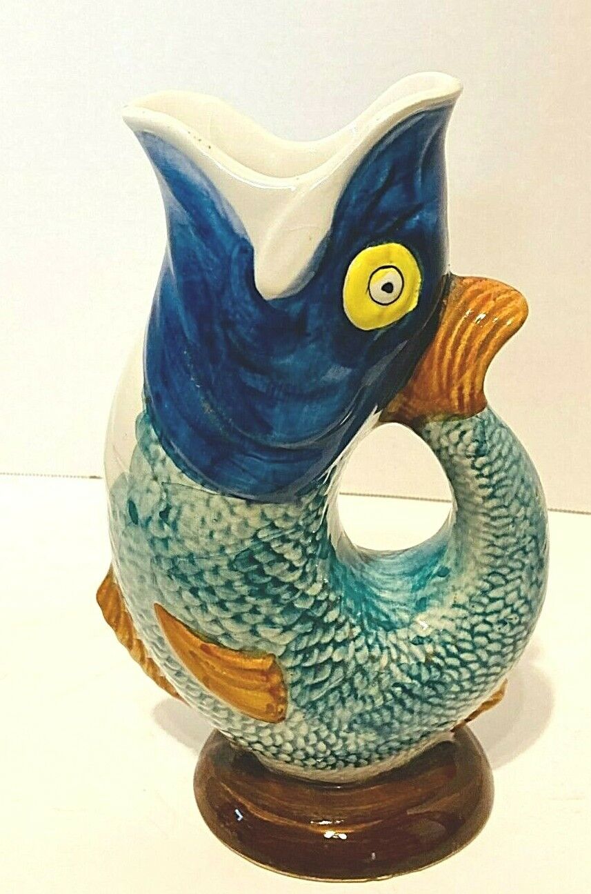 Vintage Mid Century ceramic Majolica style big mouth fish planter Portugal
