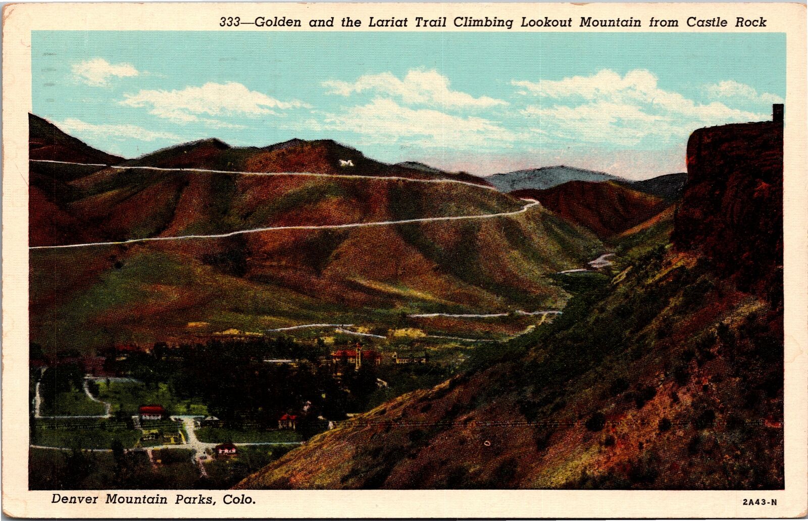Postcard CO Golden Lariat Trail climbing Lookout Mountain from Castle Rock