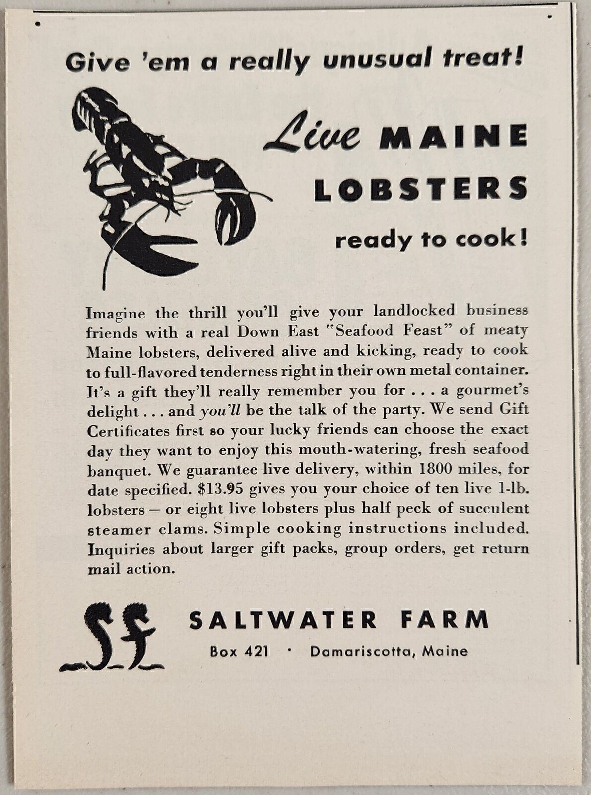 1950 Print Ad Live Maine Lobster Saltwater Farm Damariscotta,Maine