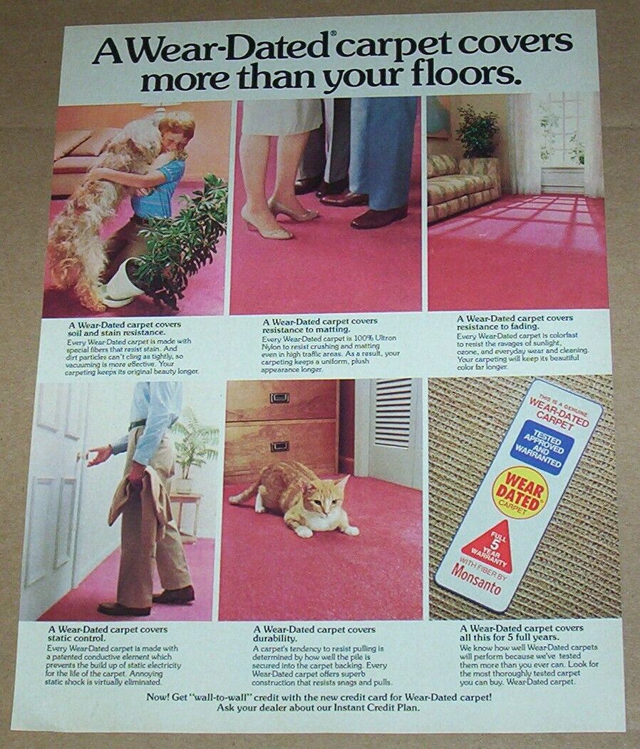 1985 print ad - Monsanto Wear Dated carpet Shaggy Dog cat boy family advertising