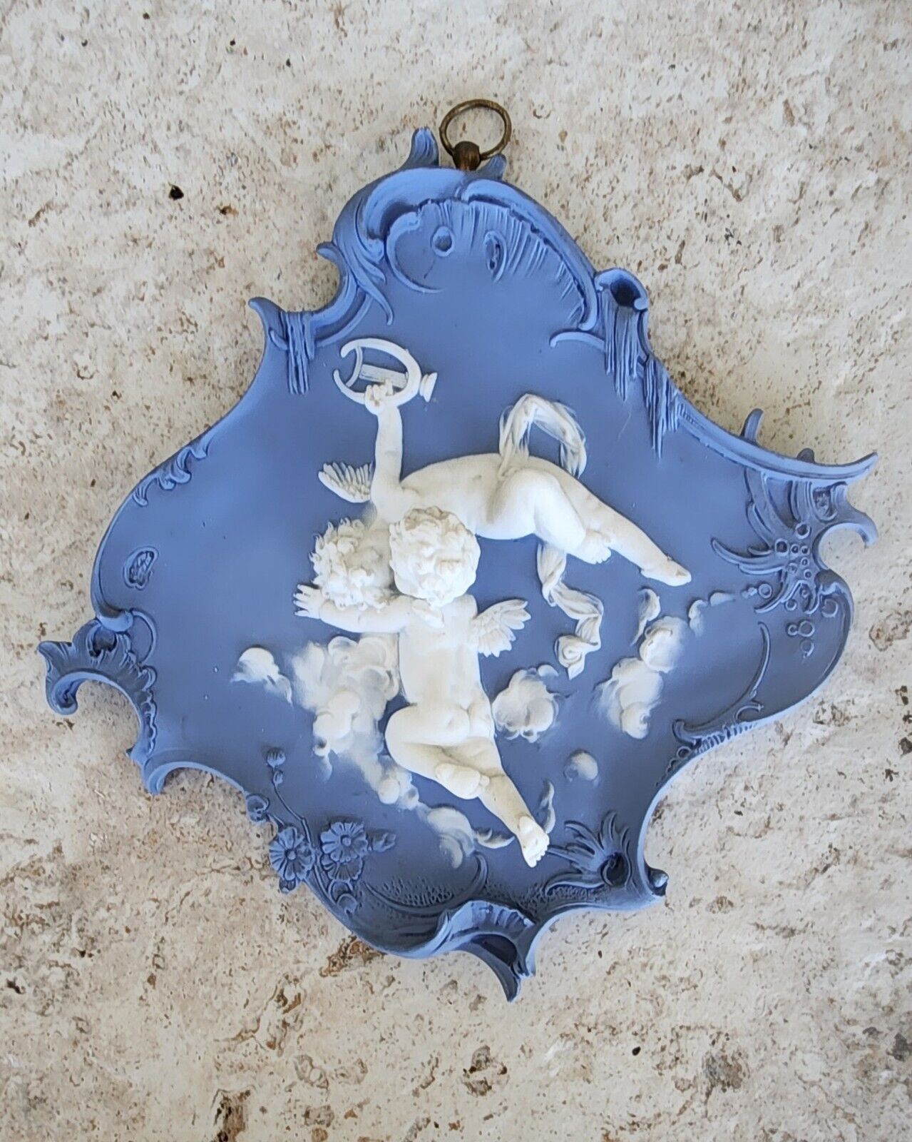 Antique Volkstedt German Blue Jasperware Plaque Kissing Cherubs Baton Mark 