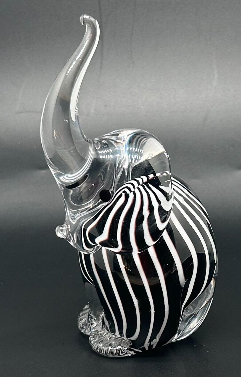 Vintage ENESCO Art Glass Elephant Figurine Trunk Up Black White Stripes 6