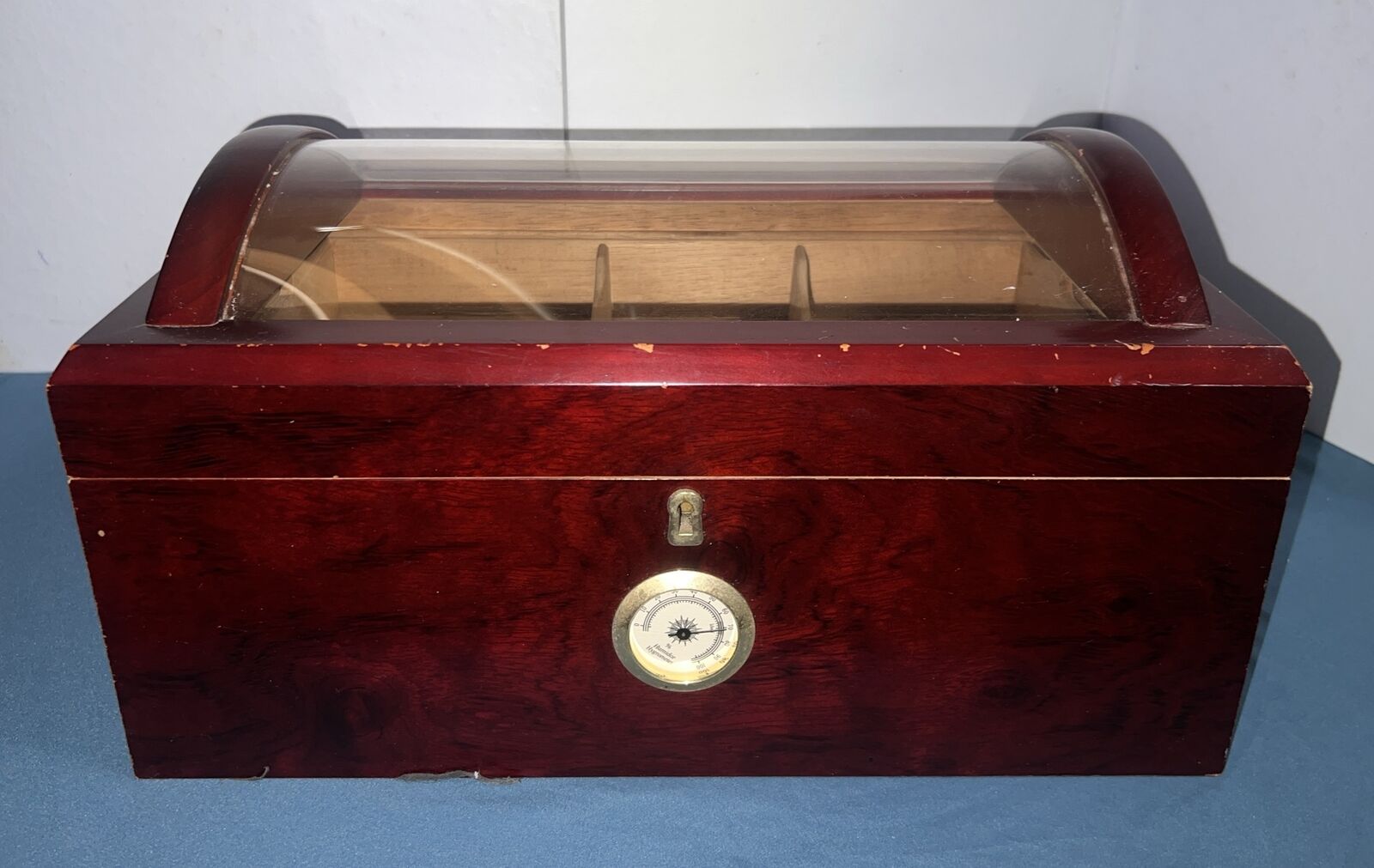 Thompson & Co 1915 Large Glass-Top Wood Desktop Cigar Humidor Box Cherry w/ Key