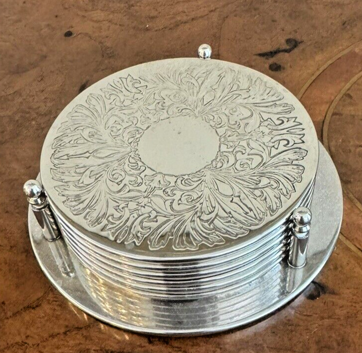 Vintage Silver Embossed Coasters Set Of 6 With Holder Ornate Barware